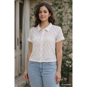 Regatta Womens Lace Sheer Button Up Shirt M White Floral Coquette‎ Cottage Fairy